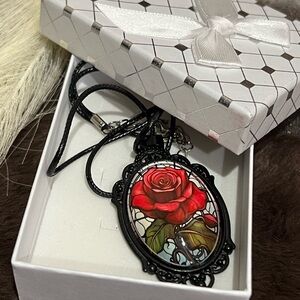Elegant Black and Red Rose stained glass Pendant Necklace